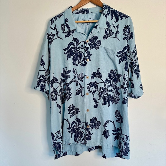 Tommy Bahama Mens Camp Silk Short Sleeve Button Up Blue Floral Shirt Sz XXL - Picture 1 of 7